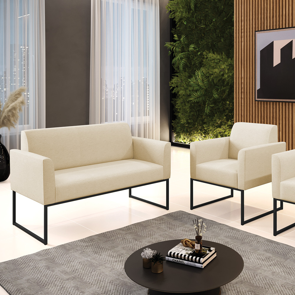 Sofá Namoradeira com Poltrona Base Industrial Preto Marisa Linho D03 - D'Rossi