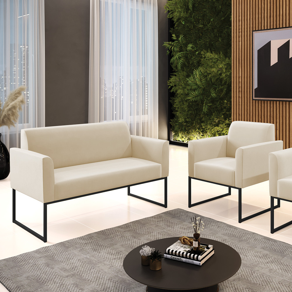 Sofá Namoradeira com Poltrona Base Industrial Preto Marisa Suede D03 - D'Rossi