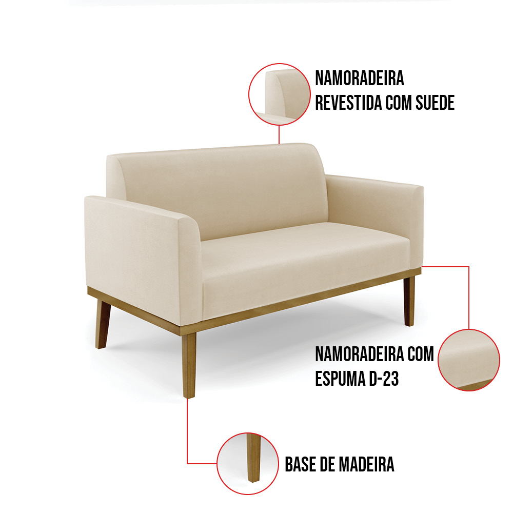 Sofá Namoradeira com Poltrona Base de Madeira Fixa Castanho Marisa Suede Bege D03 - D'Rossi