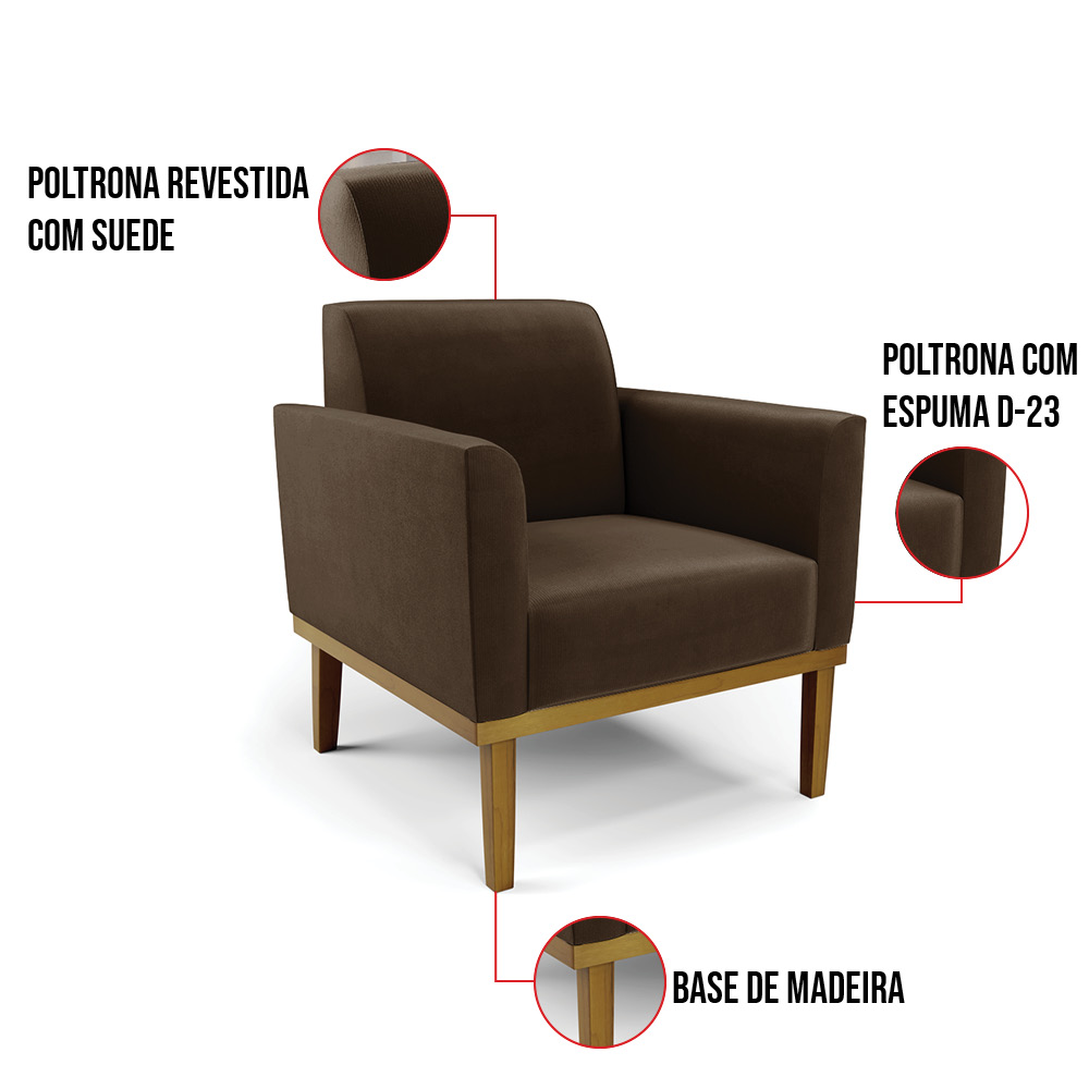 Sofá Namoradeira com Poltrona Base de Madeira Fixa Castanho Marisa Suede Marrom D03 - D'Rossi