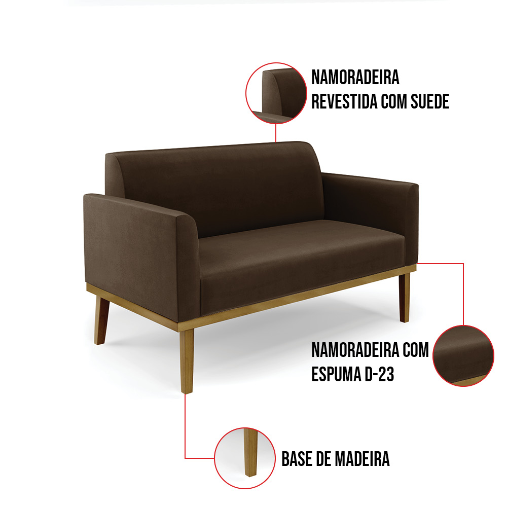 Sofá Namoradeira com Poltrona Base de Madeira Fixa Castanho Marisa Suede Marrom D03 - D'Rossi