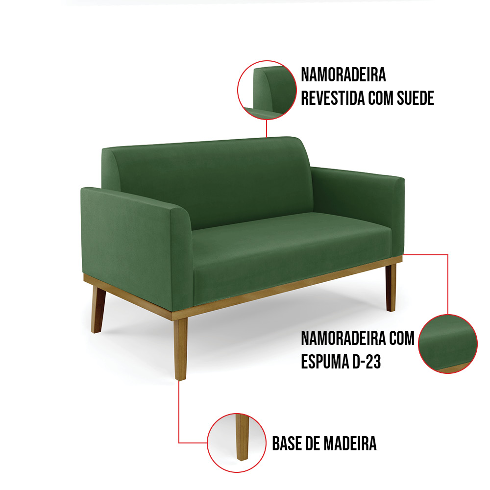 Sofá Namoradeira com Poltrona Base de Madeira Fixa Castanho Marisa Suede Verde D03 - D'Rossi
