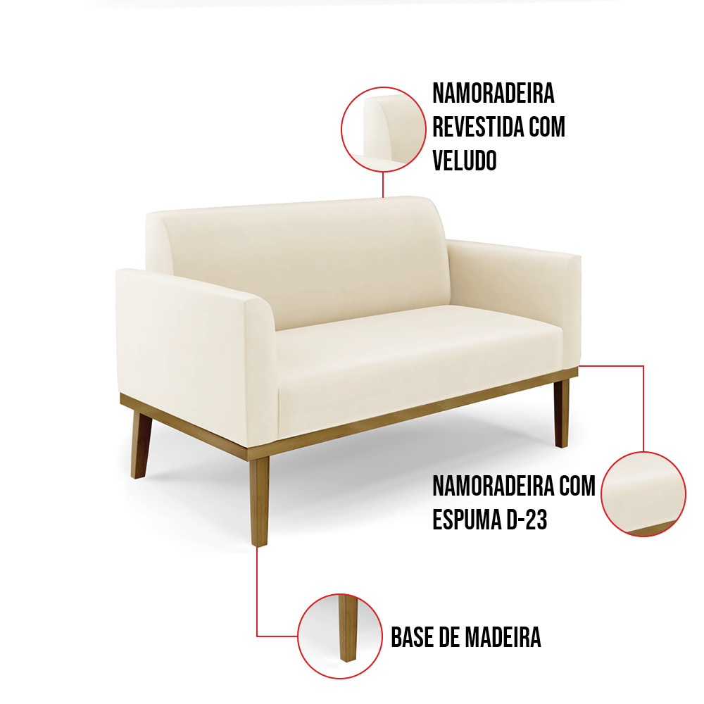 Sofá Namoradeira com Poltrona Base de Madeira Fixa Castanho Marisa Veludo Bege  D03 - D'Rossi