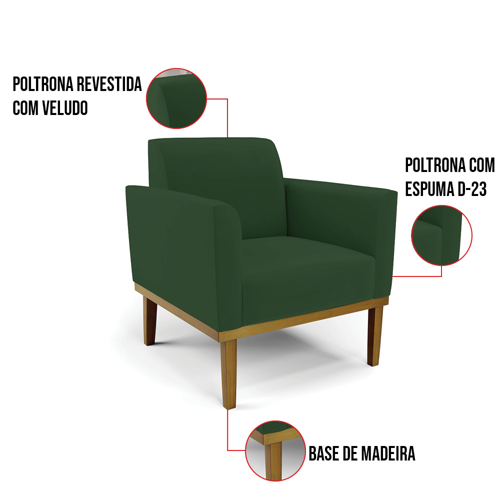 Sofá Namoradeira com Poltrona Base de Madeira Fixa Castanho Marisa Veludo Verde  D03 - D'Rossi