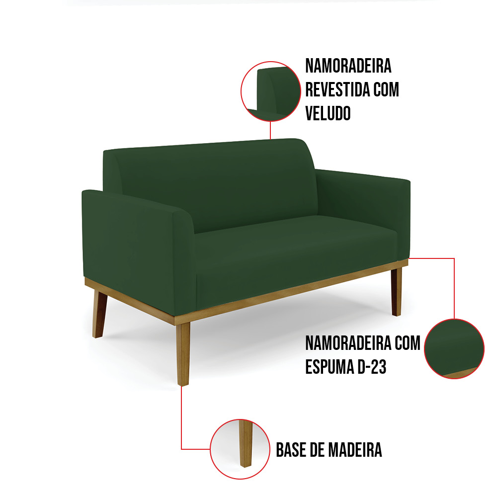 Sofá Namoradeira com Poltrona Base de Madeira Fixa Castanho Marisa Veludo Verde  D03 - D'Rossi