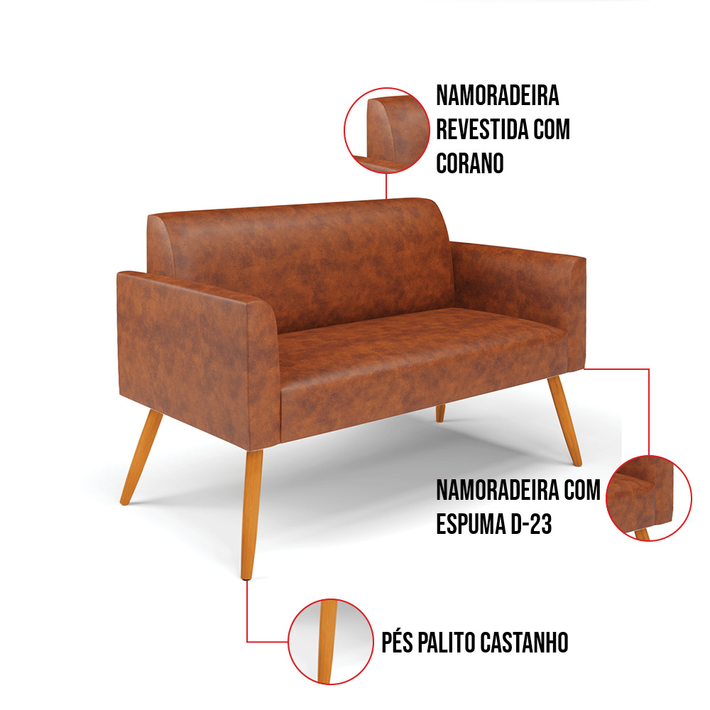 Sofá Namoradeira com Poltrona Pés Palito Castanho Marisa Corano Nozes D03 - D'Rossi