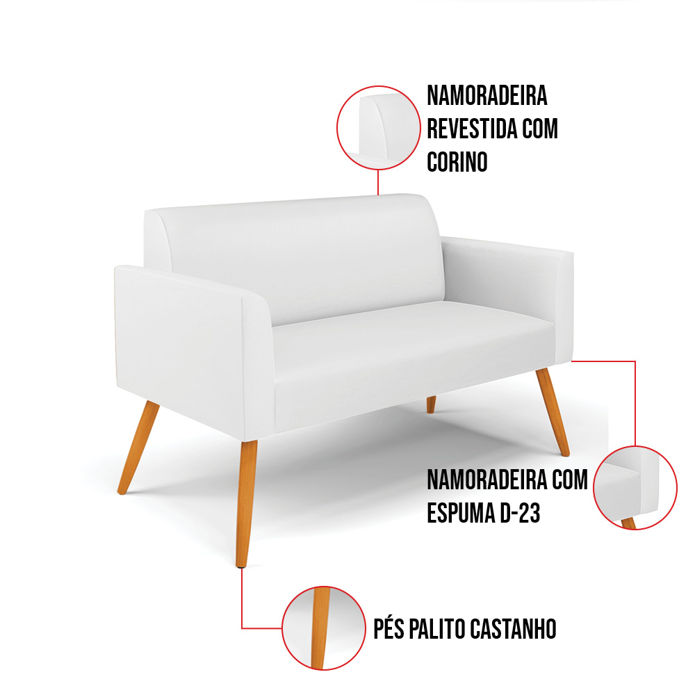 Sofá Namoradeira com Poltrona Pés Palito Castanho Marisa Corino Branco D03 - D'Rossi