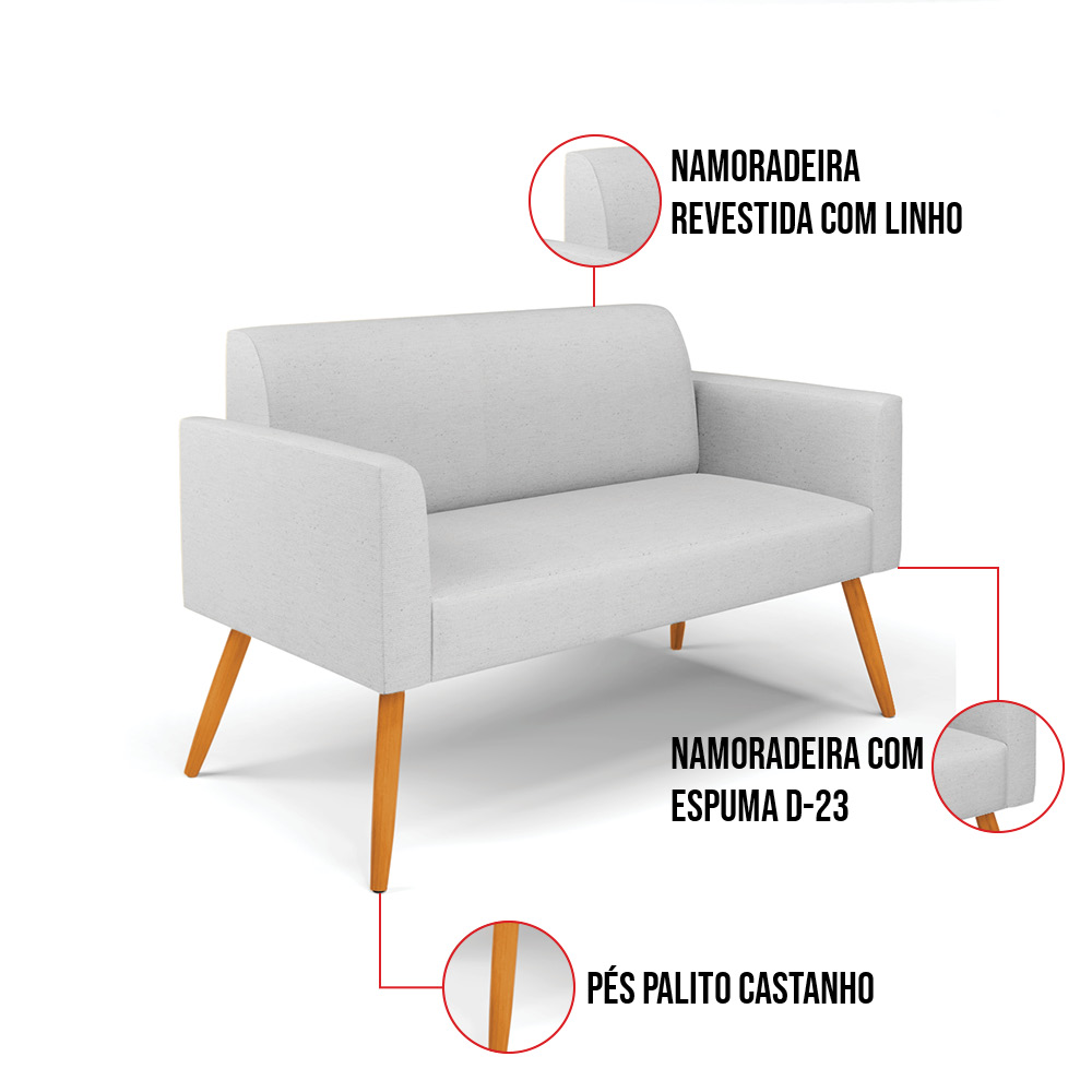 Sofá Namoradeira com Poltrona Pés Palito Castanho Marisa Linho Cinza A05 D03 - D'Rossi