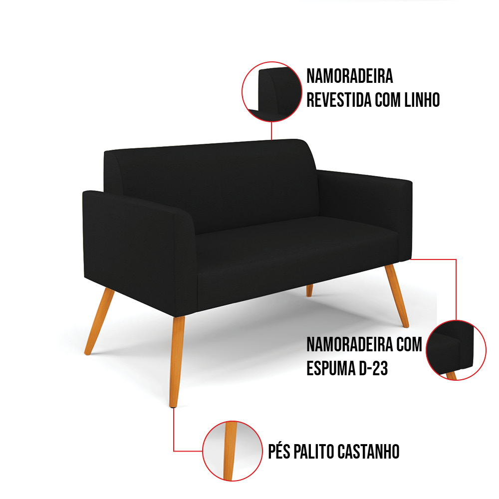 Sofá Namoradeira com Poltrona Pés Palito Castanho Marisa Linho Preto A79 D03 - D'Rossi