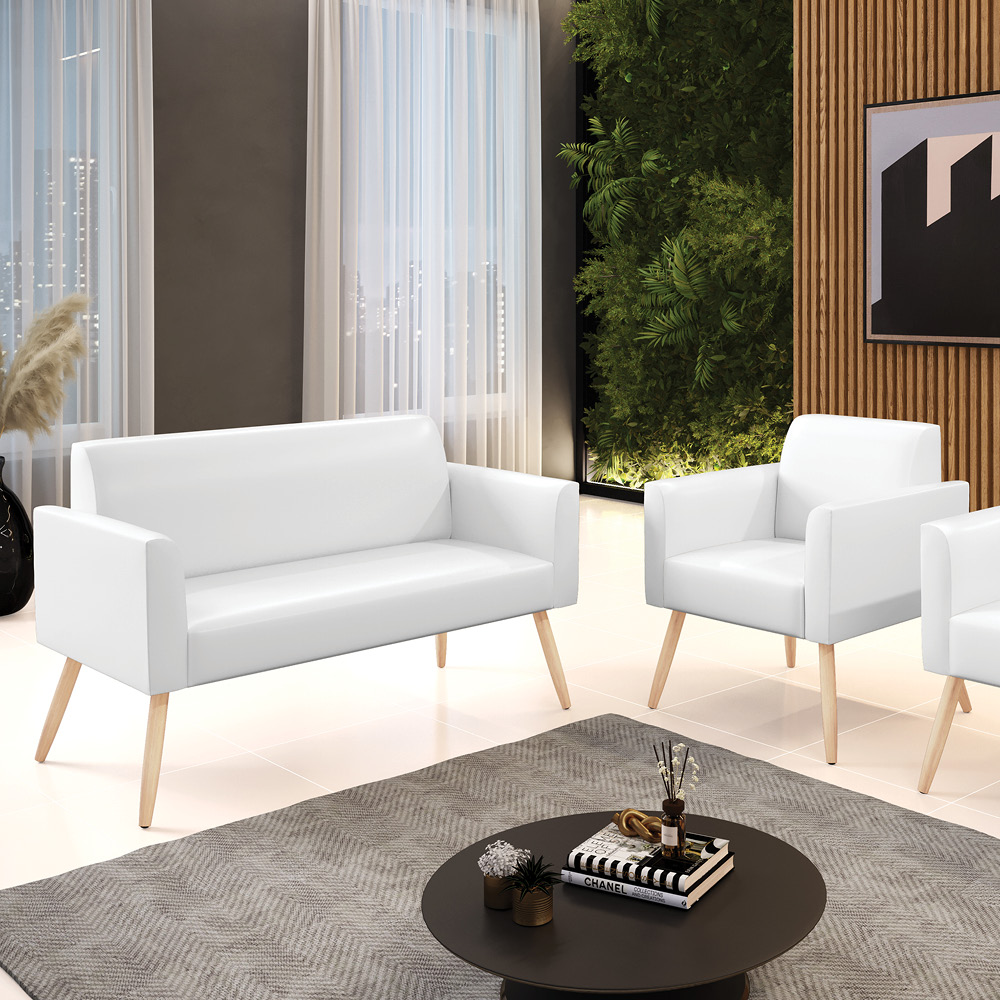 Sofá Namoradeira com Poltrona Pés Palito Natural Marisa Corano Branco D03 - D'Rossi