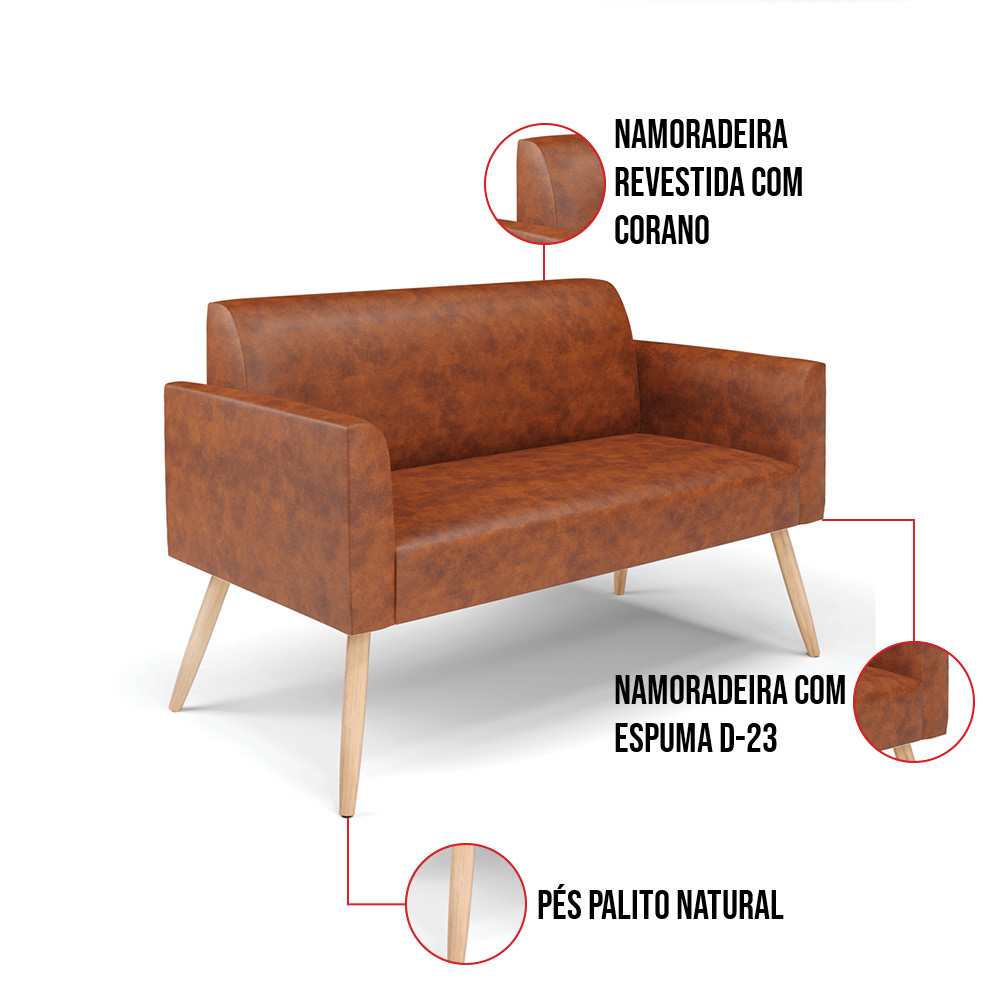 Sofá Namoradeira com Poltrona Pés Palito Natural Marisa Corano Nozes D03 - D'Rossi