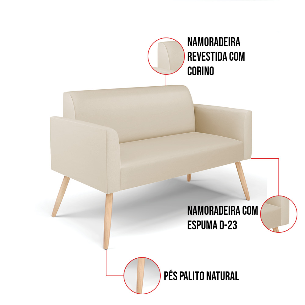 Sofá Namoradeira com Poltrona Pés Palito Natural Marisa Corino Bege D03 - D'Rossi