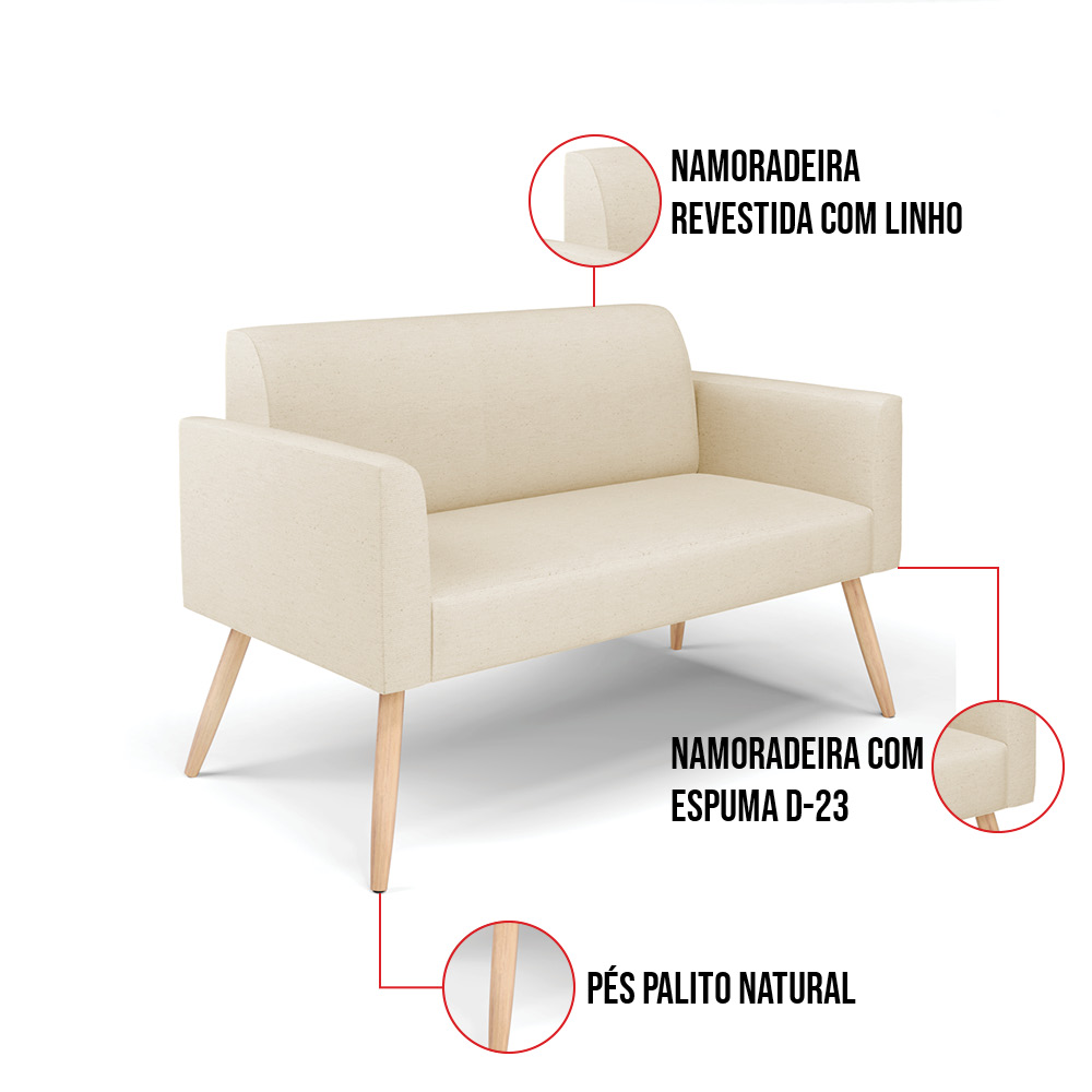Sofá Namoradeira com Poltrona Pés Palito Natural Marisa Linho Bege A19 D03 - D'Rossi