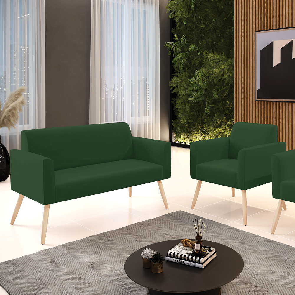 Sofá Namoradeira com Poltrona Pés Palito Natural Marisa Veludo Verde D03 - D'Rossi