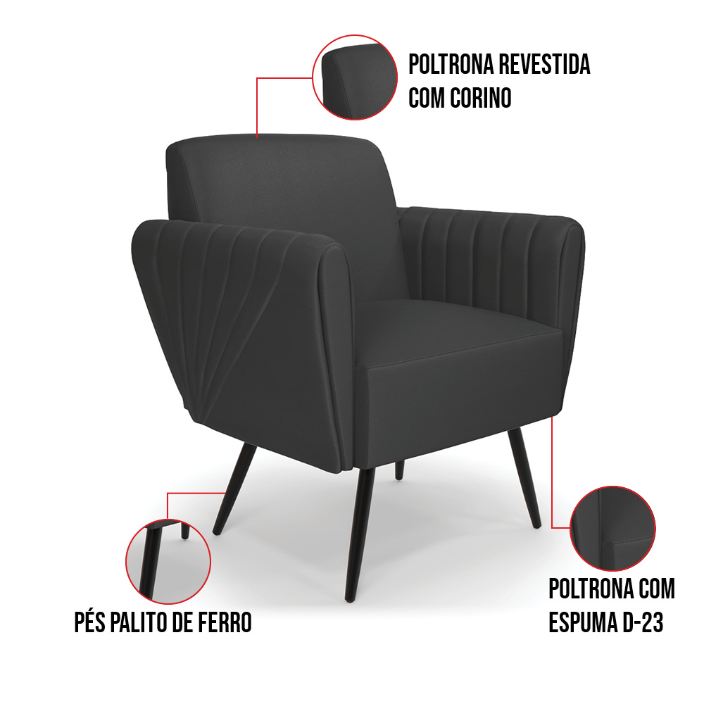 Sofá Namoradeira com Poltrona Pés Palito de Ferro Bruna Corino Preto - D'Rossi