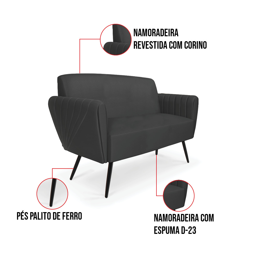 Sofá Namoradeira com Poltrona Pés Palito de Ferro Bruna Corino Preto - D'Rossi