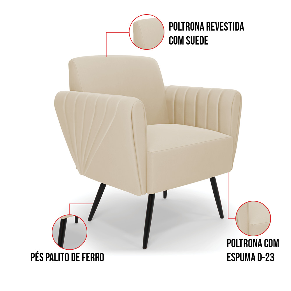 Sofá Namoradeira com Poltrona Pés Palito de Ferro Bruna Suede - D'Rossi