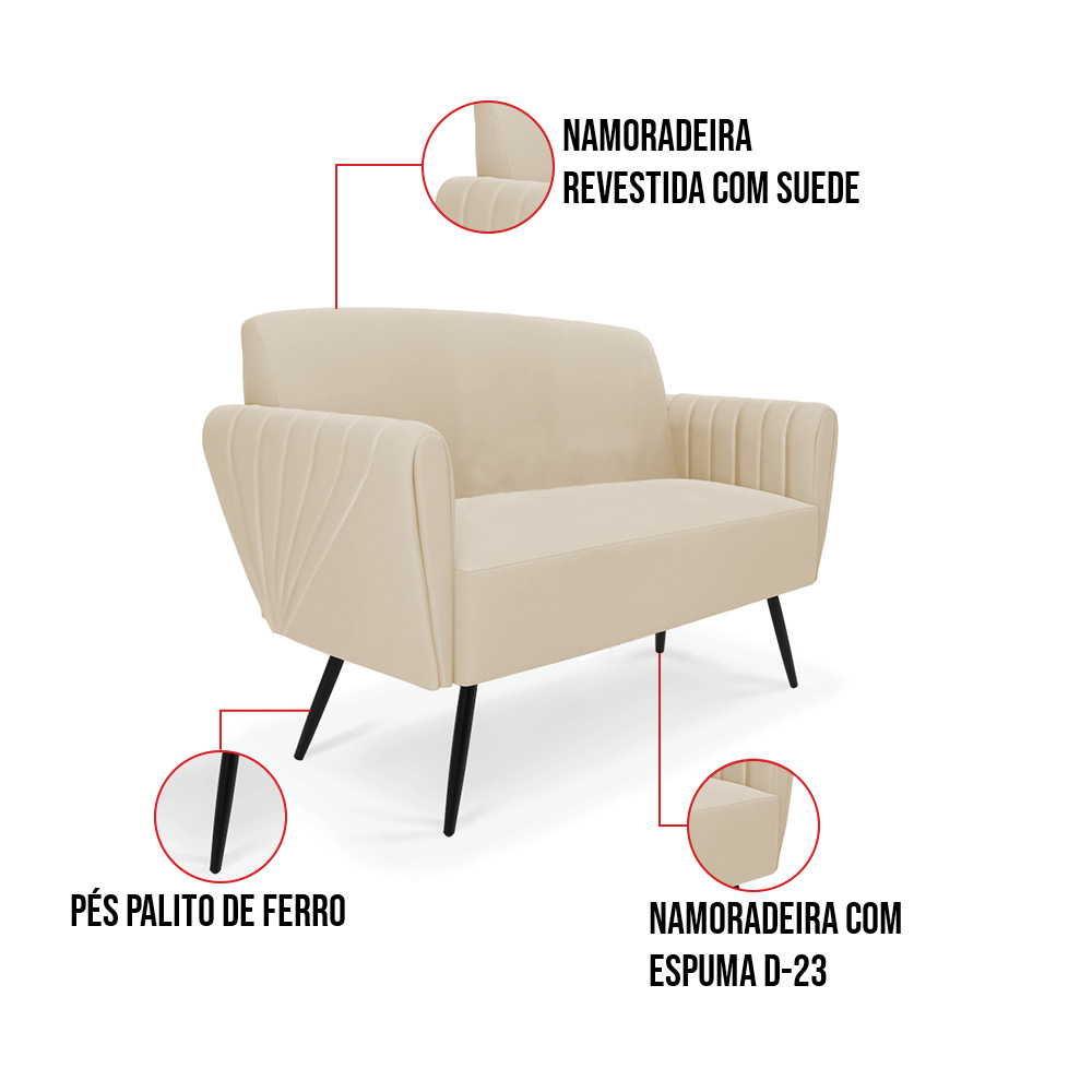 Sofá Namoradeira com Poltrona Pés Palito de Ferro Bruna Suede - D'Rossi