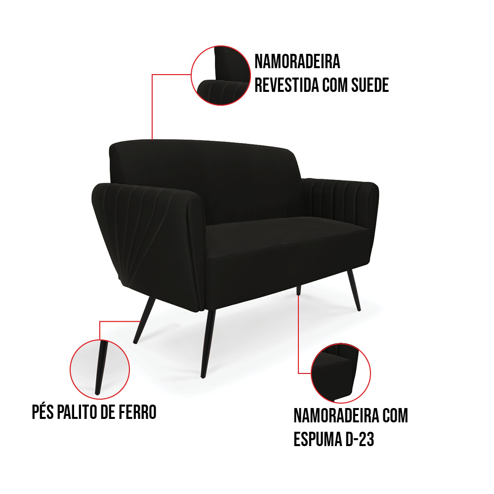 Sofá Namoradeira com Poltrona Pés Palito de Ferro Bruna Suede Preto - D'Rossi