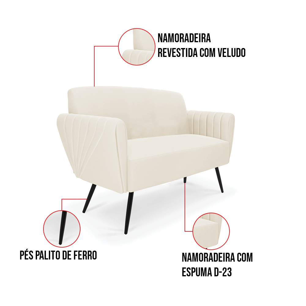 Sofá Namoradeira com Poltrona Pés Palito de Ferro Bruna Veludo Bege - D'Rossi