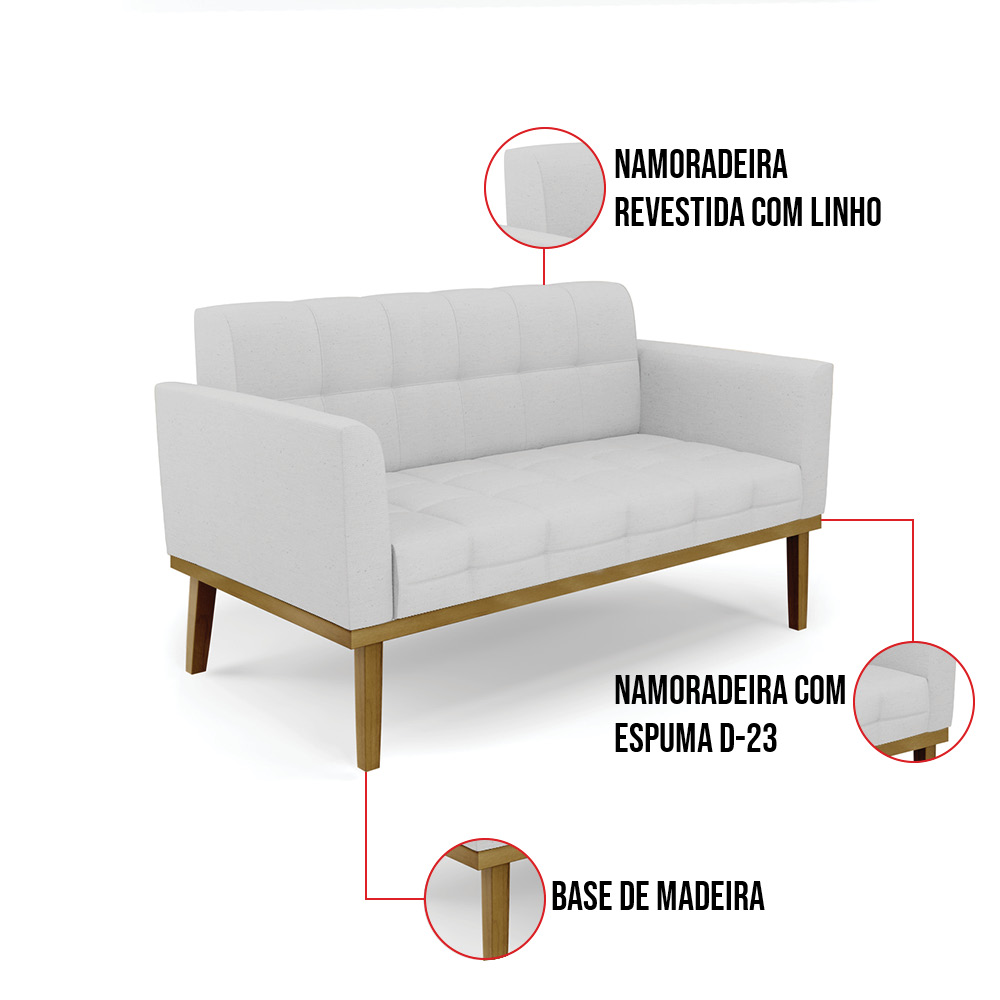 Sofá Namoradeira e 2 Poltronas Base Madeira Castanho Elisa Linho Cinza A05 D03 - D'Rossi