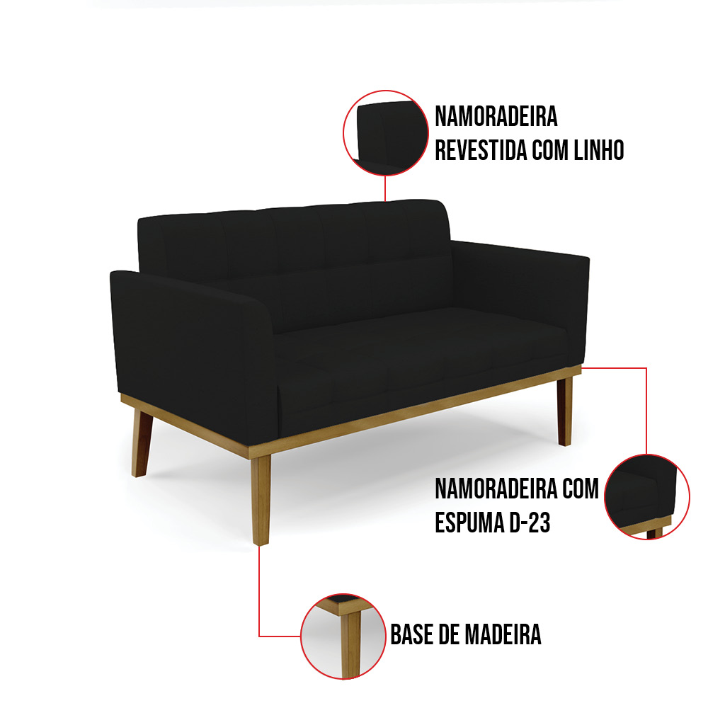 Sofá Namoradeira e 2 Poltronas Base Madeira Castanho Elisa Linho Preto A79 D03 - D'Rossi