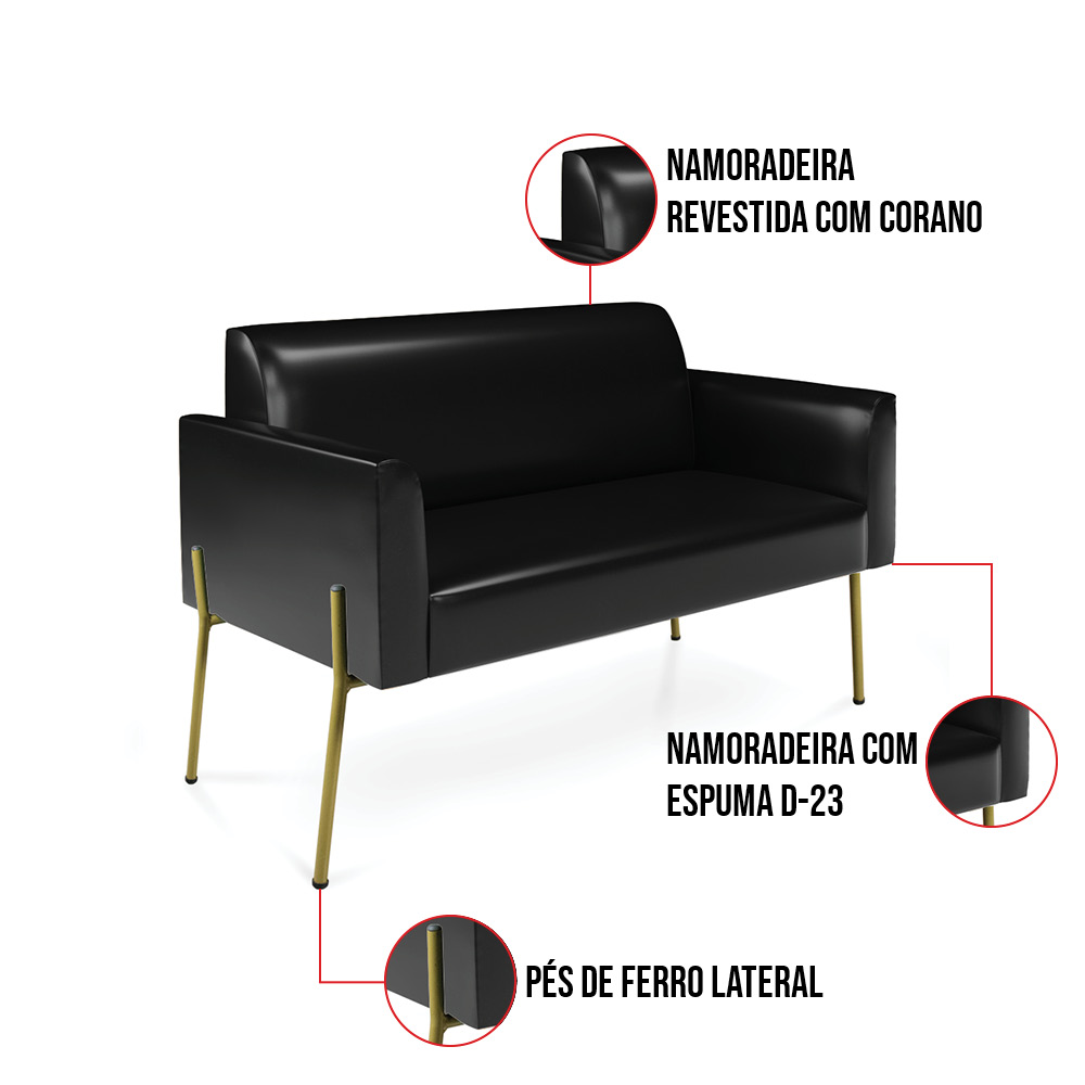 Sofá Namoradeira e 2 Poltronas Pé de Ferro Dourado Marisa Corano Preto D03 - D'Rossi