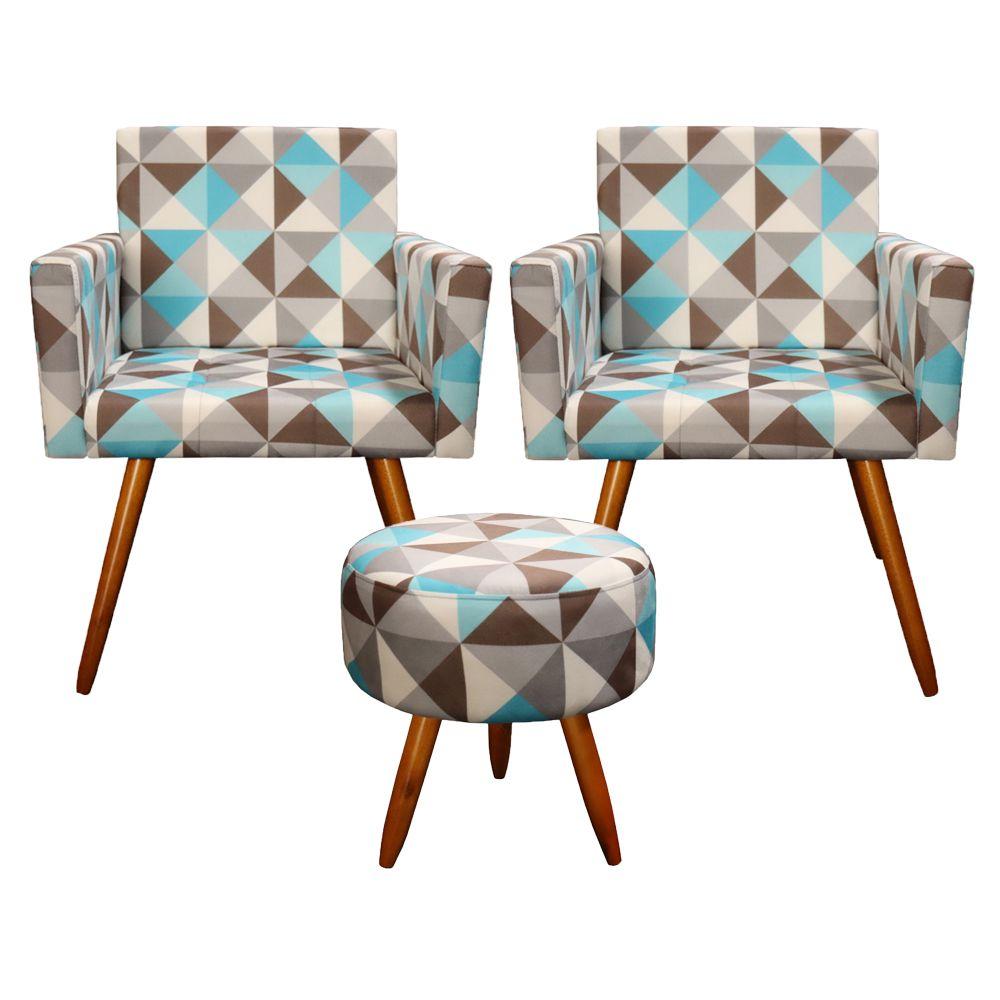Kit 2 Poltronas Vitória com Puff Bali Decorativo Estampa Triângulo Azul D'Rost