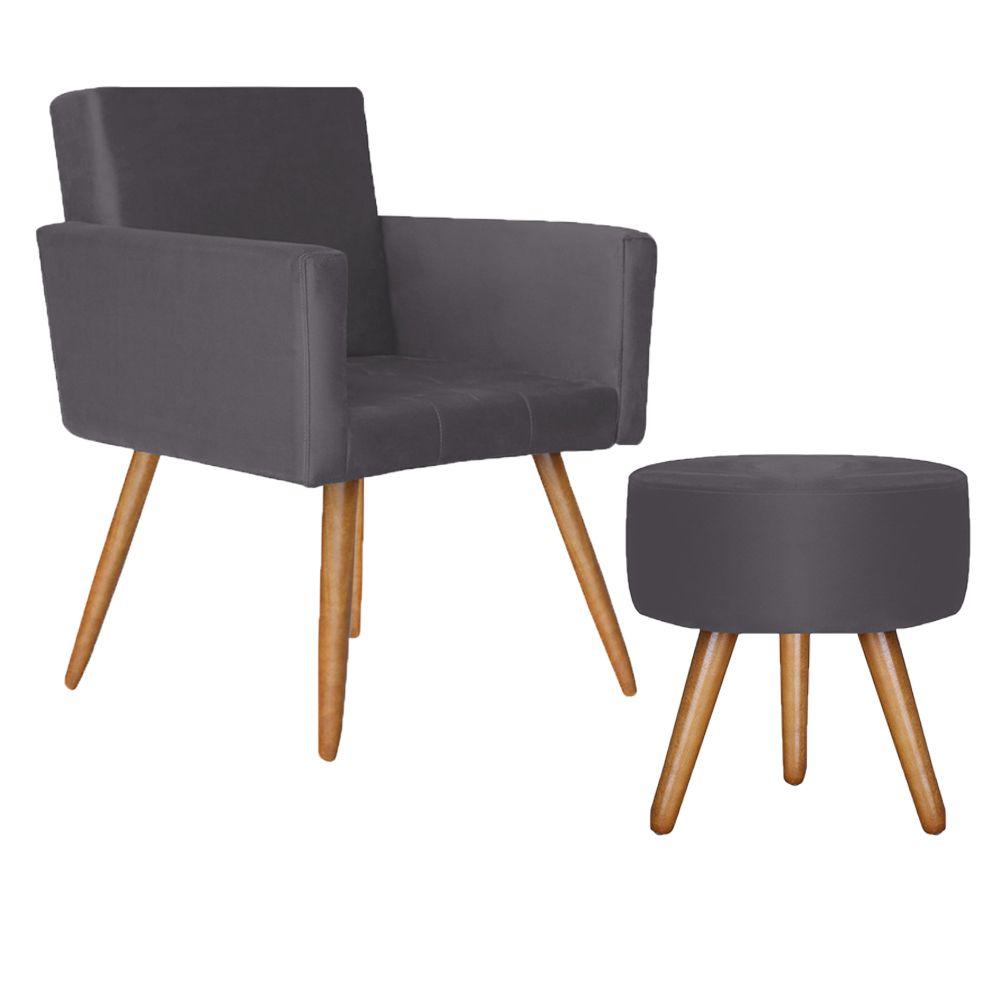Poltrona Vitória com Puff Bali Decorativo Suede Cinza D'Rost