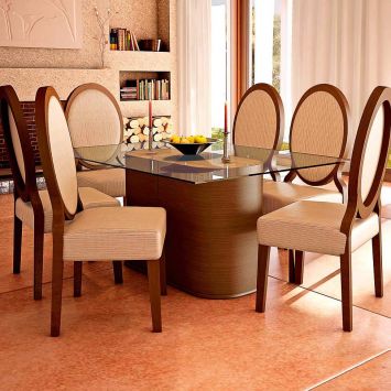 Conjunto de Mesa e 6 Cadeiras Com Tampo de Vidro Retangular Napoleao