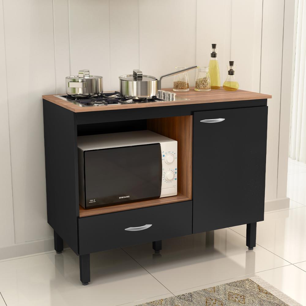 Balcão Cozinha Cooktop Blane 105cm com 1 Porta e 1 Gaveta Preto/Freijo