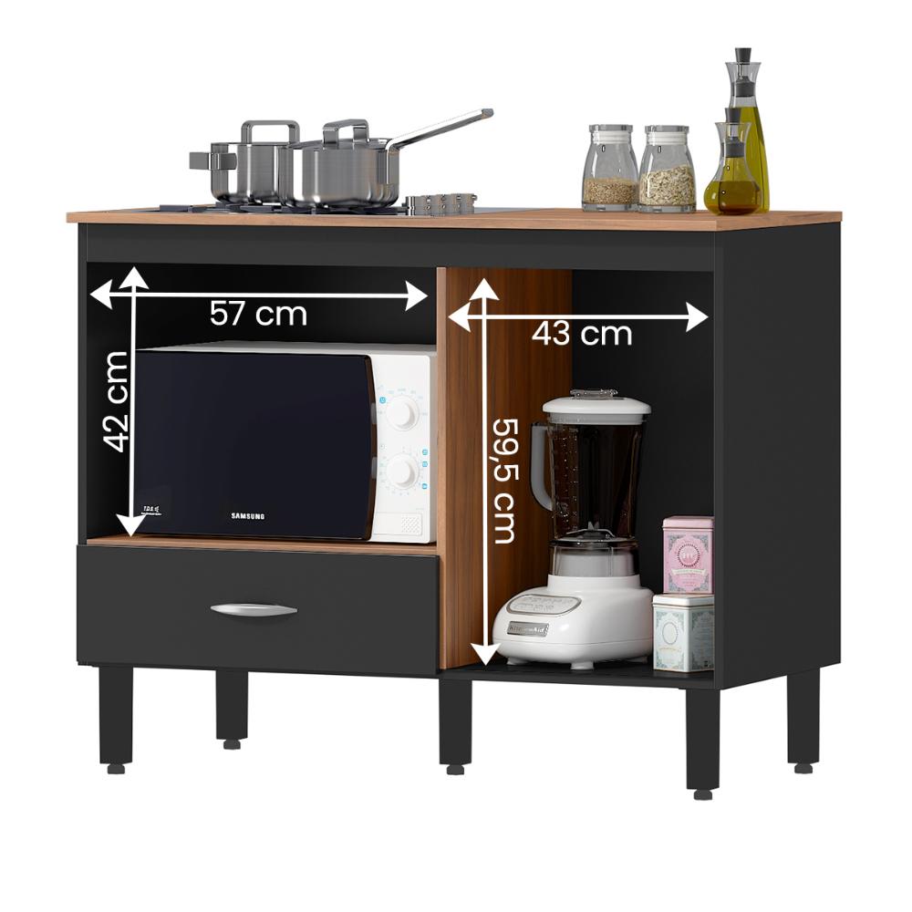 Balcão Cozinha Cooktop Blane 105cm com 1 Porta e 1 Gaveta Preto/Freijo