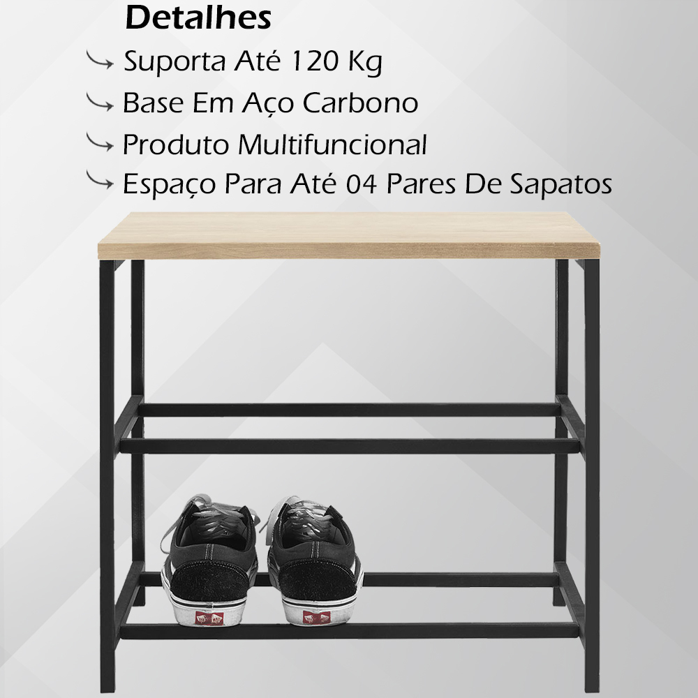 Banco Sapateira Industrial Em Aço Preto F84 Pinus Natural Dmobiliario