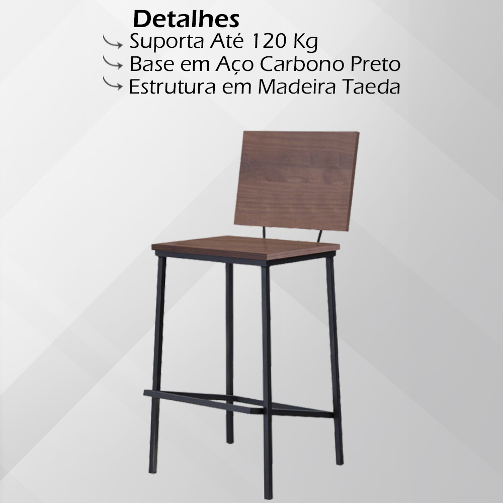 Banqueta Alta Base Aço Preto I01 Madeira Taeda Castanho Dmobiliario