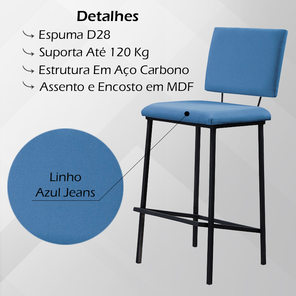 Banqueta Alta Base Em Aço Preto F109 Linho Azul Jeans Dmobiliario