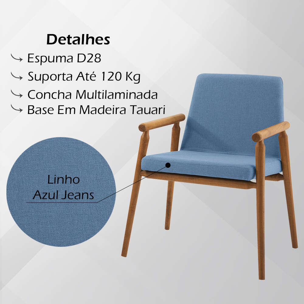 Cadeira Decorativa Base Madeira F56 Linho Azul Jeans Dmobiliario