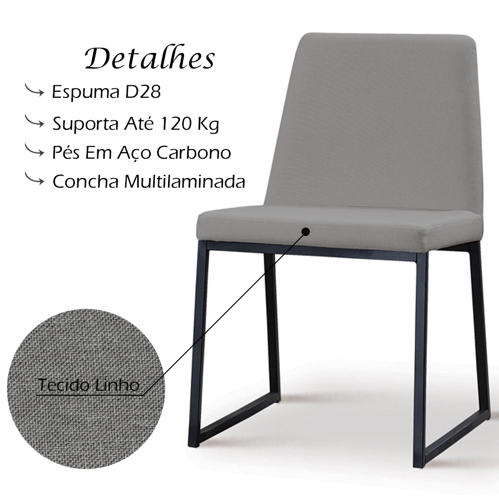 Cadeira Estofada Base Aço Preto F37 Linho Cinza Dmobiliario