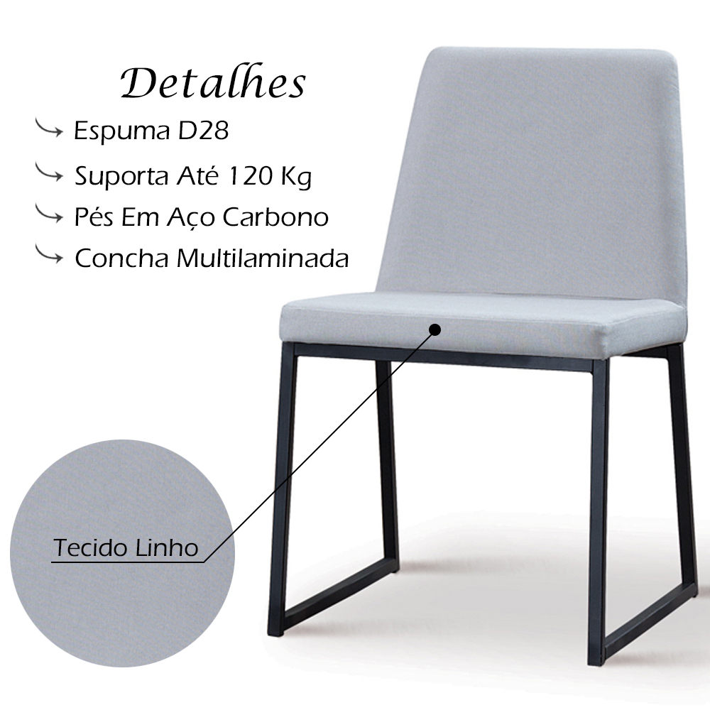 Cadeira Estofada Base Aço Preto F37 Linho Gelo Dmobiliario
