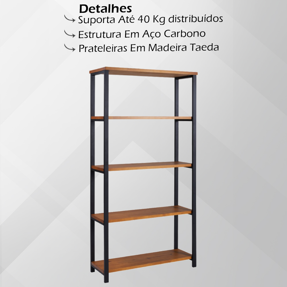 Estante Estilo Industrial Aço Preto I12 Mell Madeira Taeda Dmobiliario