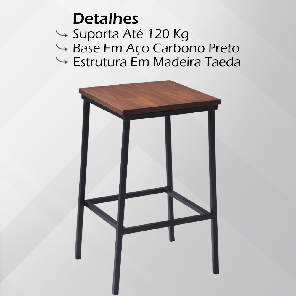 Kit 2 Banquetas Alta Base Aço Preto I02 Madeira Taeda Castanho Dmobiliario