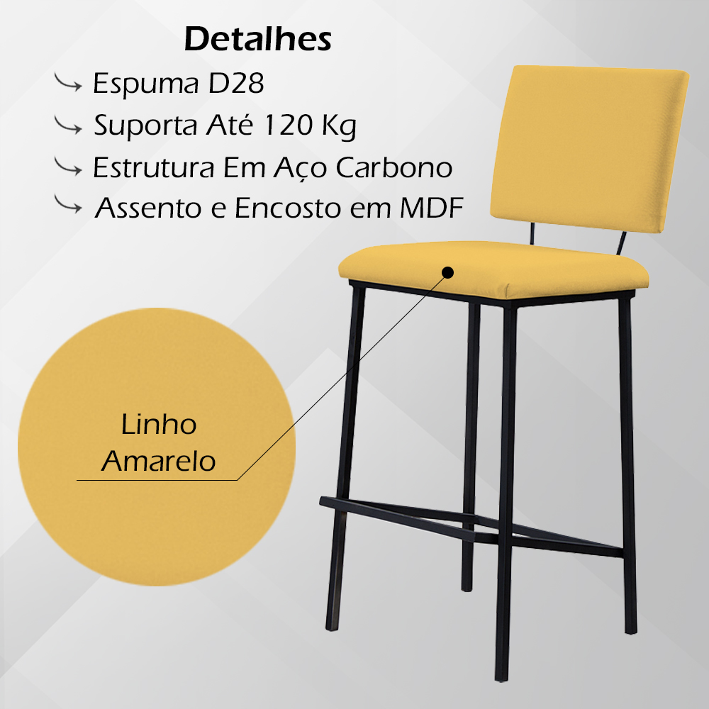 Kit 2 Banquetas Alta Base Em Aço Preto F109 Linho Amarelo Dmobiliario