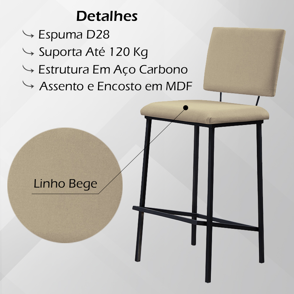 Kit 2 Banquetas Alta Base Em Aço Preto F109 Linho Bege Dmobiliario