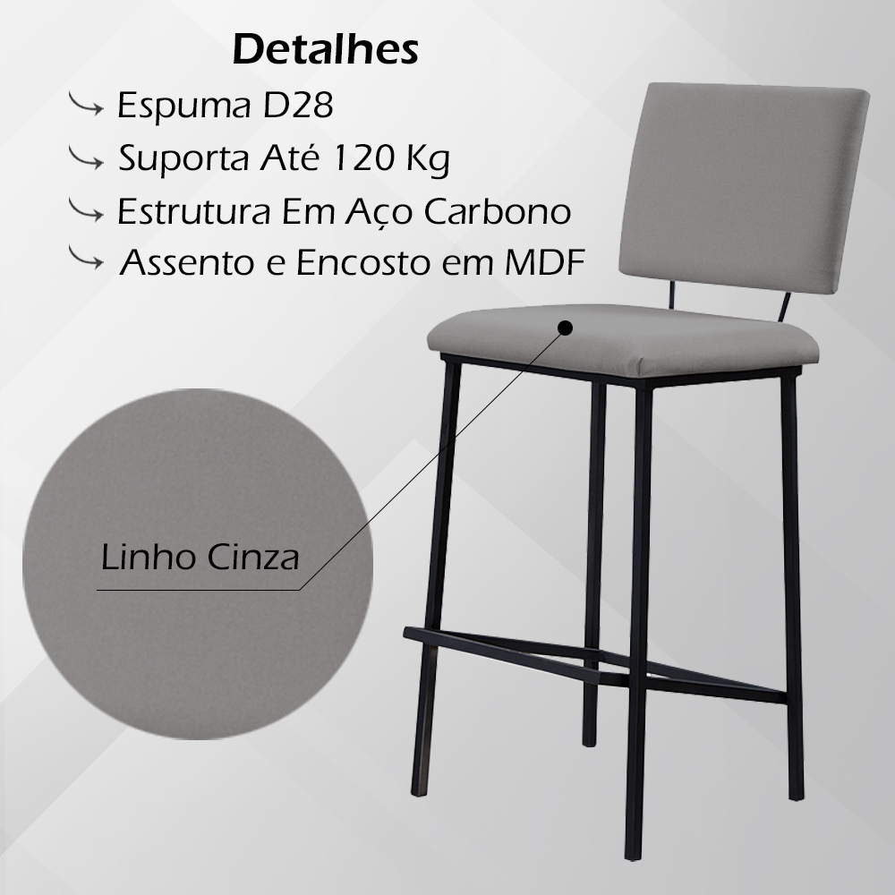 Kit 2 Banquetas Alta Base Em Aço Preto F109 Linho Cinza Dmobiliario