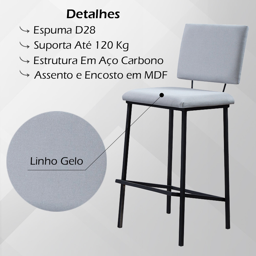 Kit 2 Banquetas Alta Base Em Aço Preto F109 Linho Gelo Dmobiliario
