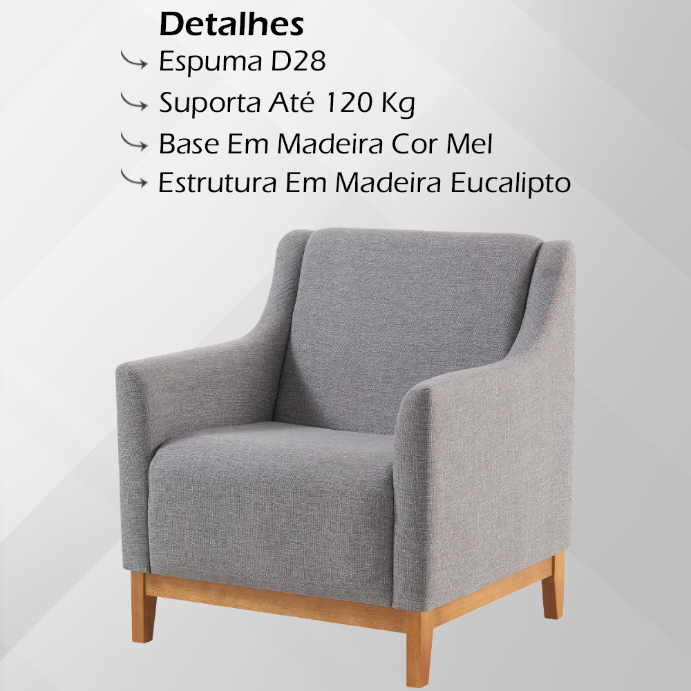 Kit 2 Poltronas Decorativa Base Madeira Mell 7045 Linho Cinza Dmobiliario