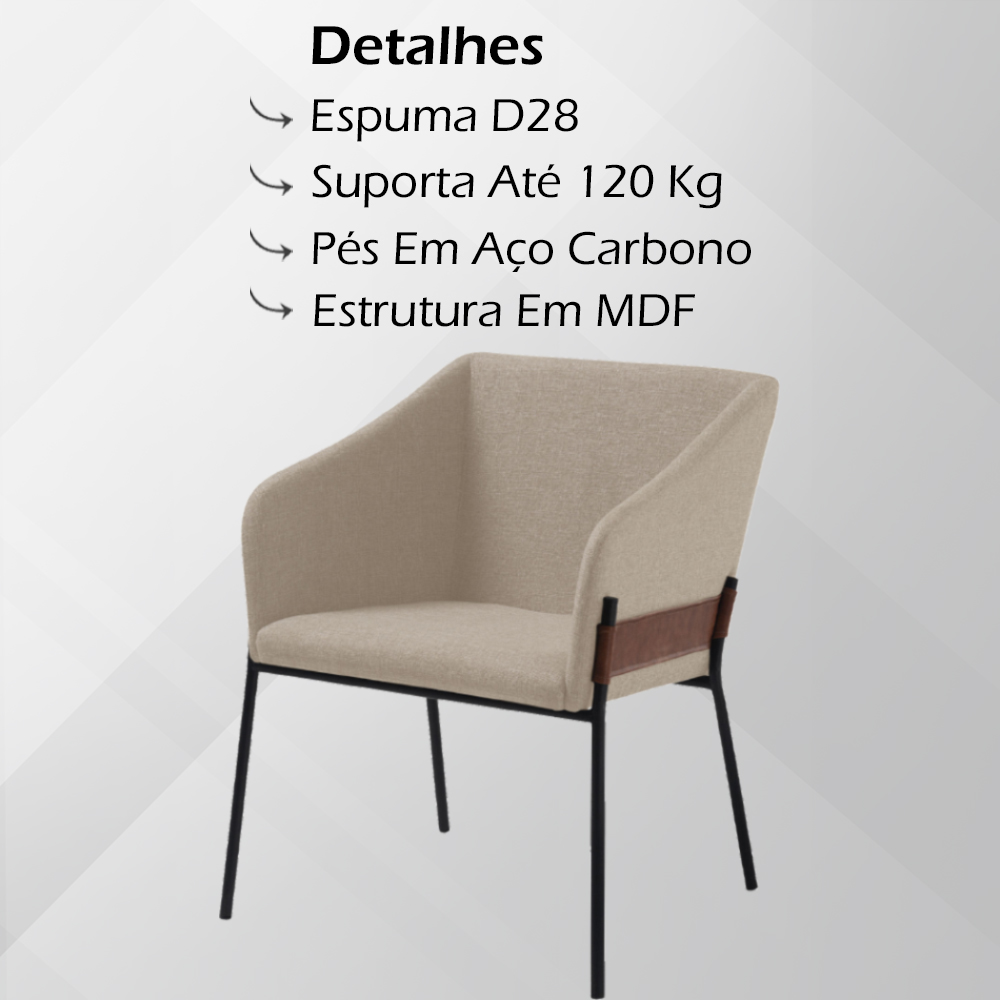 Kit 2 Poltronas Decorativas Base Aço Preto 7042 Linho Bege Dmobiliario
