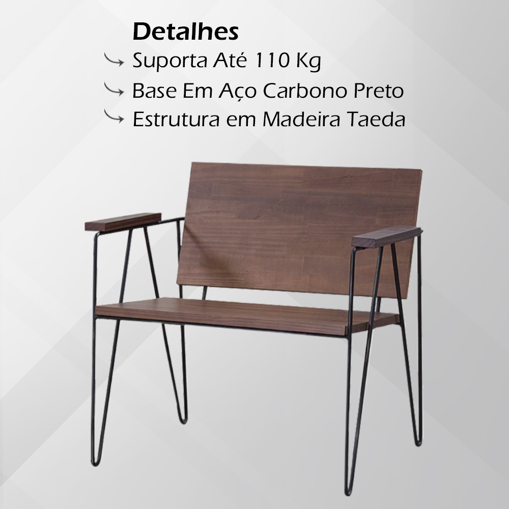 Kit 2 Poltronas Decorativas Base Aço Preto I04 Madeira Taeda Castanho Dmobiliario
