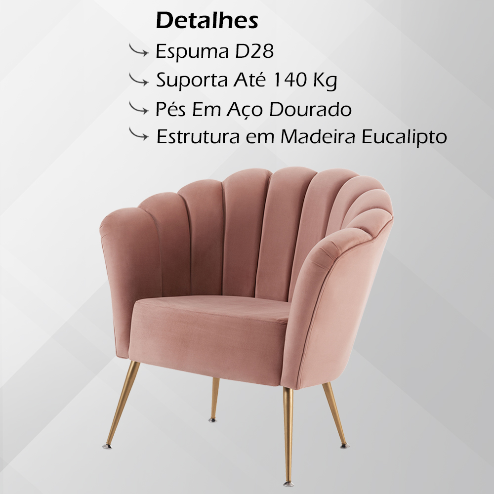 Kit 2 Poltronas Decorativas Pes Aço Dourado 7048 Veludo Rosa Dmobiliario