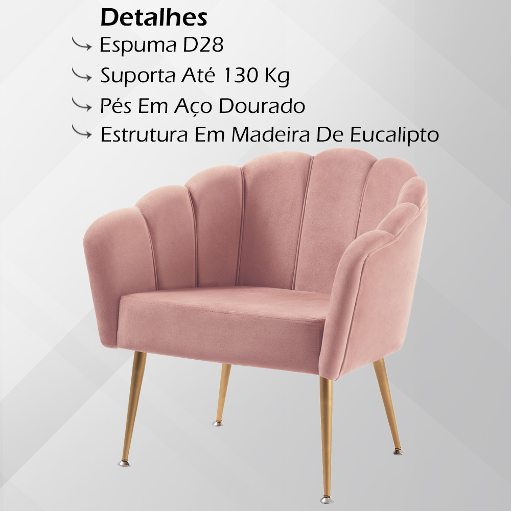 Kit 2 Poltronas Decorativas Pes Aço Dourado 7049 Veludo Rosa Dmobiliario