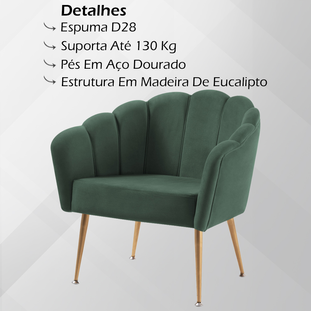 Kit 2 Poltronas Decorativas Pes Aço Dourado 7049 Veludo Verde Dmobiliario